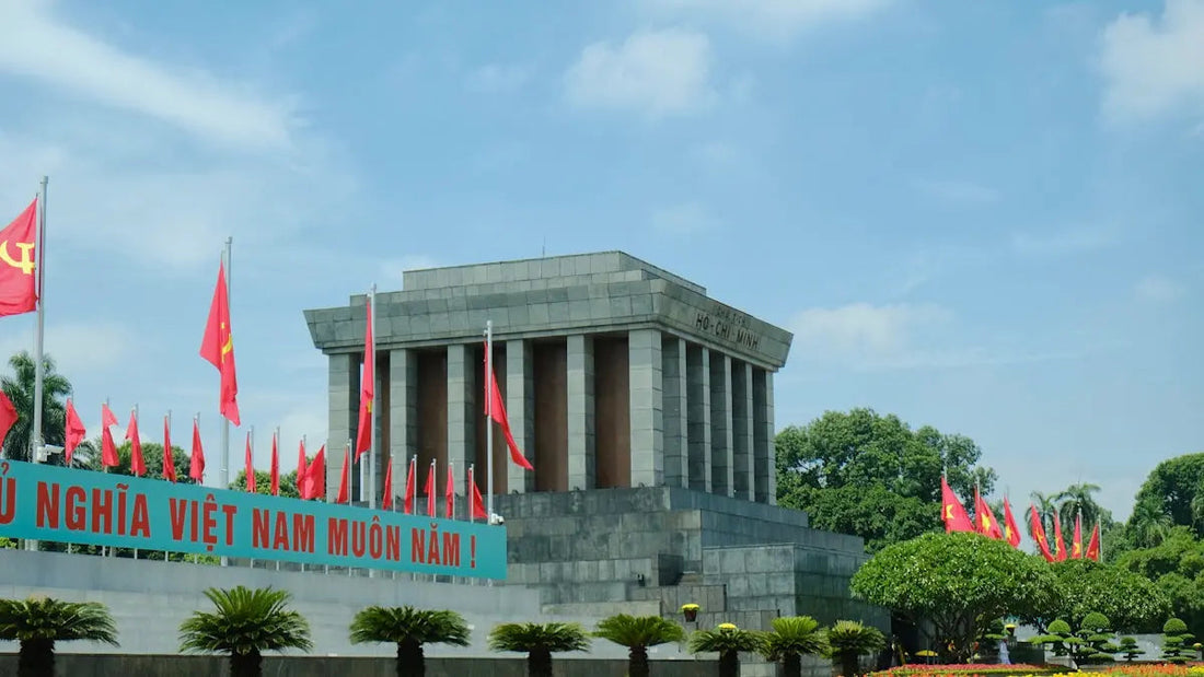 A building with flags flying in front of it