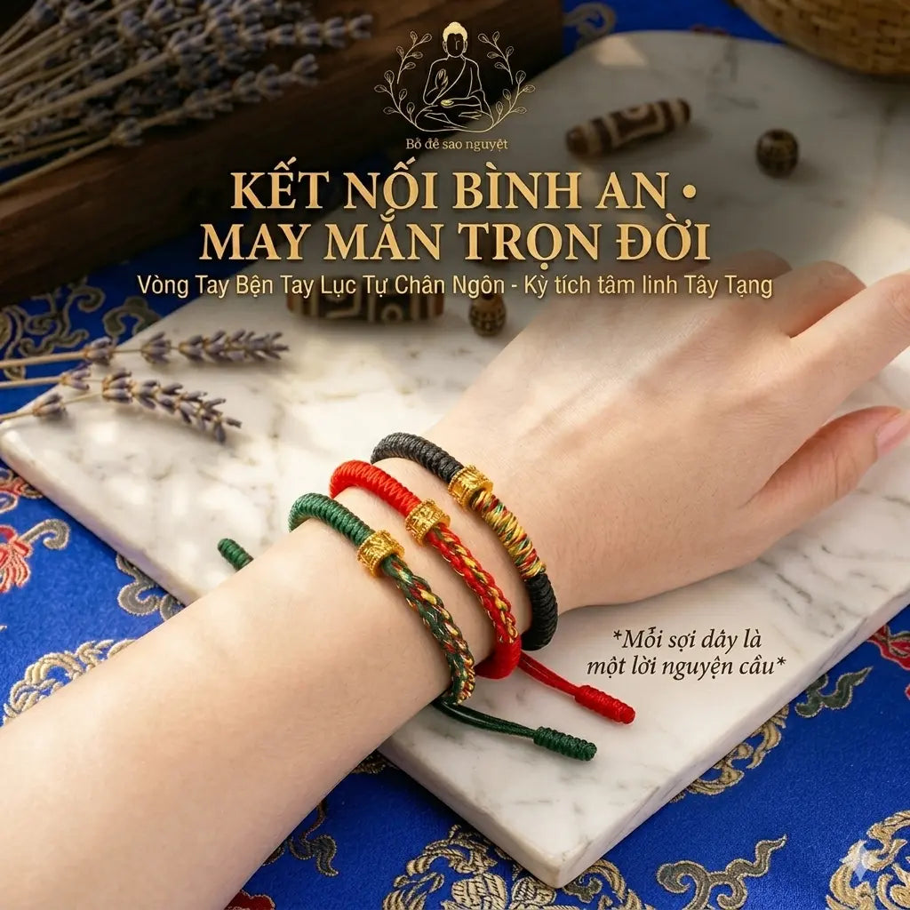 Vòng Tay Dây Tết Chỉ Ngũ Sắc Thủ Công – Điều Hòa Năng Lượng, Hút May Mắn & Bình An (Đỏ / Đen / Xanh Lá) Bồ đề sao nguyệt