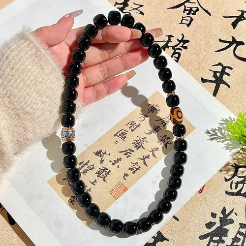 B19 – Hắc Bồ Đề + Đá Dzi Tây Tạng 11mm - Chuỗi vòng Hạt Bồ Đề Phong Hóa tự nhiên đeo tay lần hạt