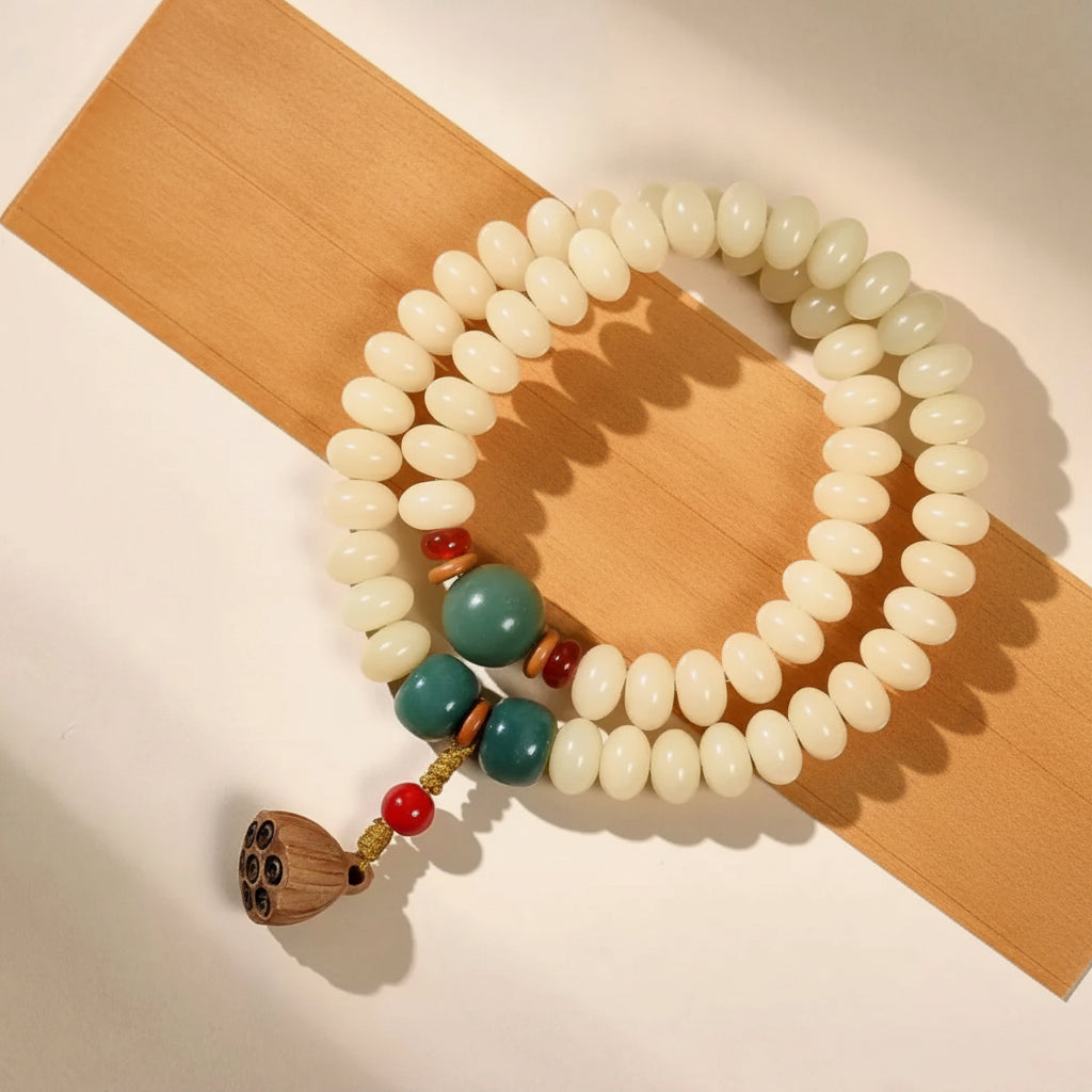 B08 – Bạch Ngọc Bồ Đề Tâm Liên – Vòng tay hạt bồ đề tự nhiên charm gỗ treo tâm sen  Bồ đề sao nguyệt