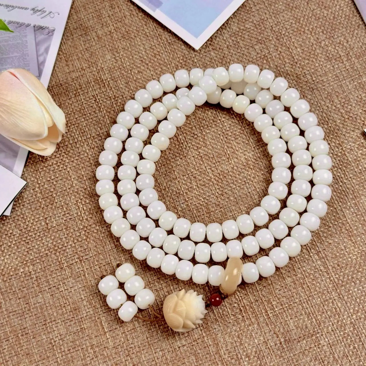 B26 Chuỗi 108 Hạt Bạch Ngọc Bồ Đề Hoa Sen 8x10mm – Đeo Cổ Thanh Nhã  Bồ đề sao nguyệt